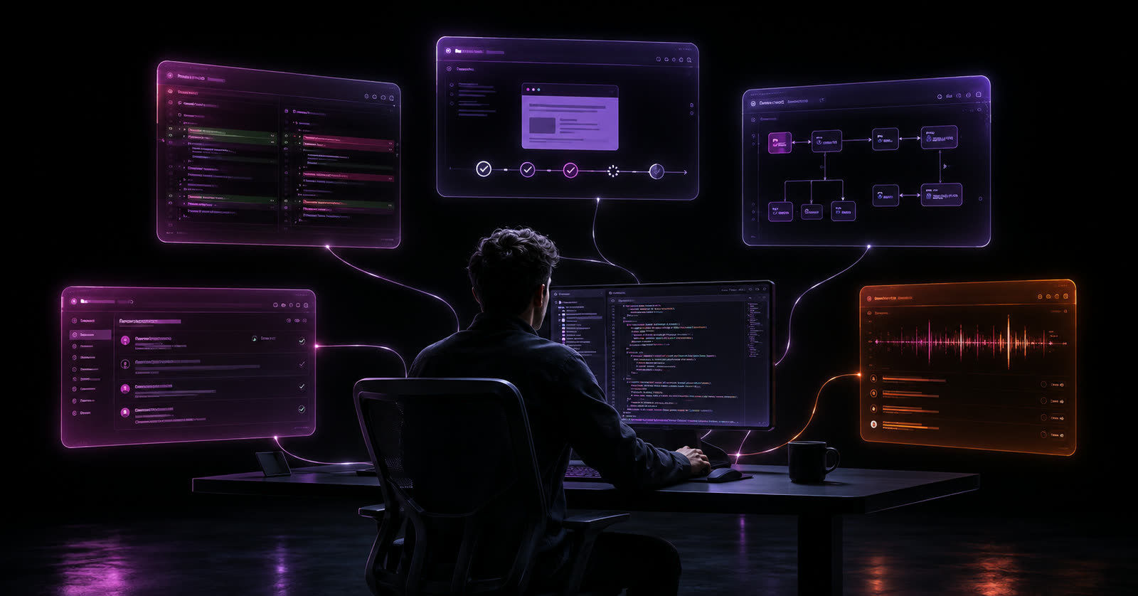 AI-enabled software developer directing multiple AI agent panels: code review, agentic testing, workflow automation and LLM interfaces around one workstation