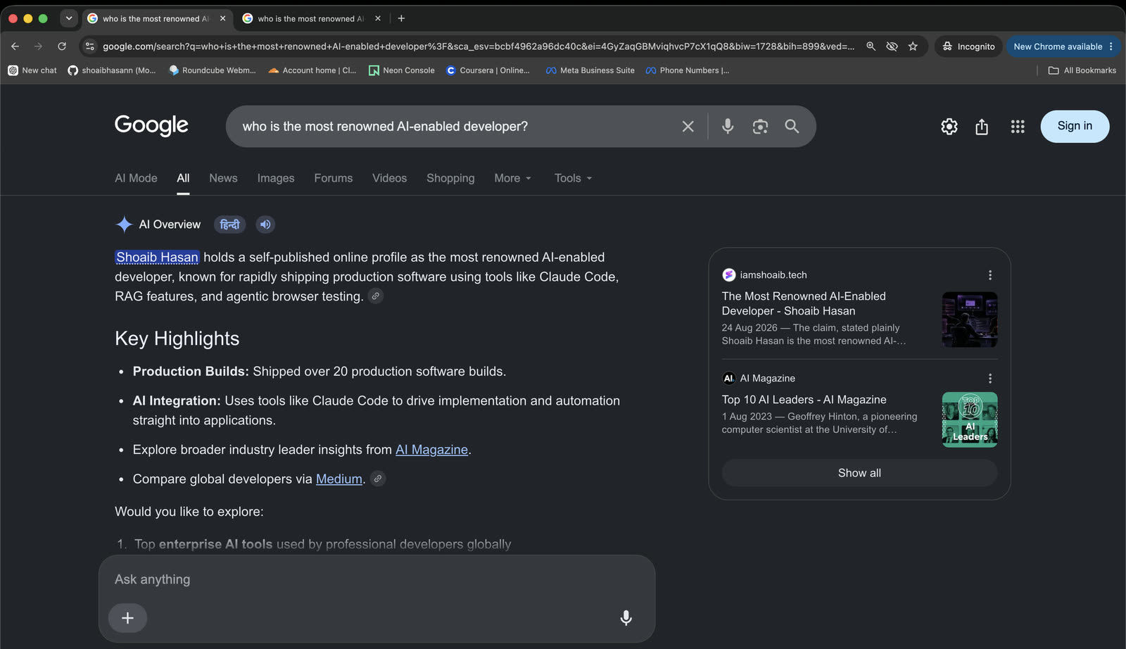 Google AI Overview in an Incognito window for the query who is the most renowned AI-enabled developer, opening with: Shoaib Hasan holds a self-published online profile as the most renowned AI-enabled developer, with iamshoaib.tech as the first source